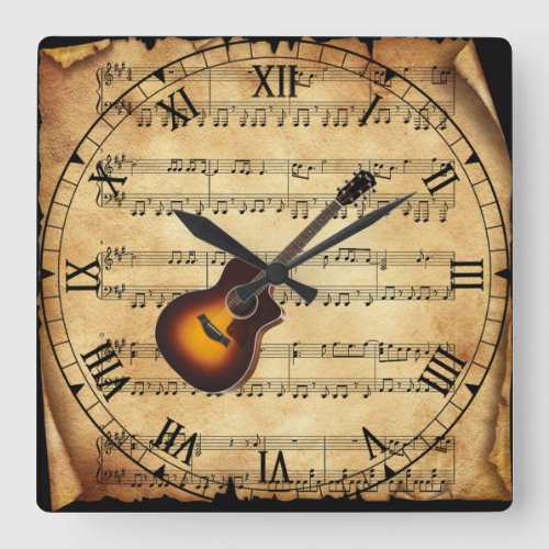 Guitar  Vintage Sheet Music Background  Unique  Square Wall Clock