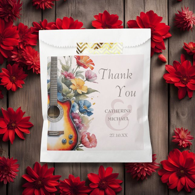 Guitar Wildflower Ampersand Musical Wedding  Favor Bag (Flat lay music theme wedding favor with guitar wildflower meadow florals Favor Bag)