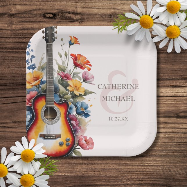 Guitar Wildflower Ampersand Musical Wedding  Paper Plates (Creator Uploaded)