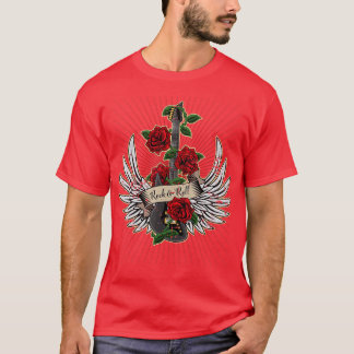 Guitar Wings Roses Distressed Rock and Roll Music T-Shirt