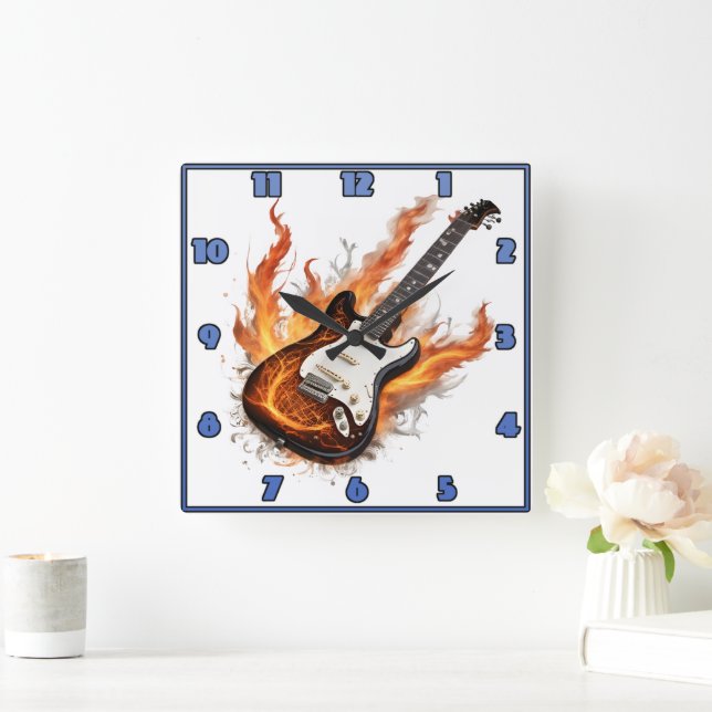 Guitar with flames and notes swirling square wall clock (Home)