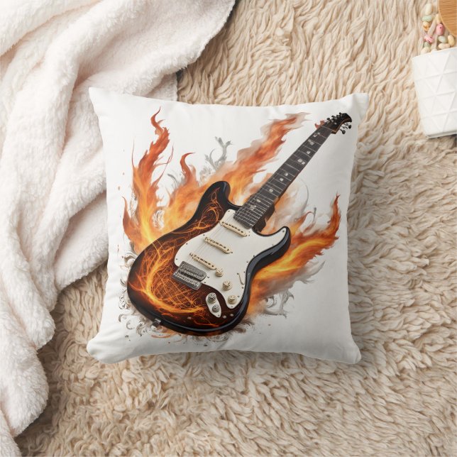 Guitar with flames and notes swirling throw pillow (Blanket)