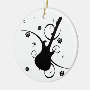 Guitar With Musical Notes Ceramic Ornament