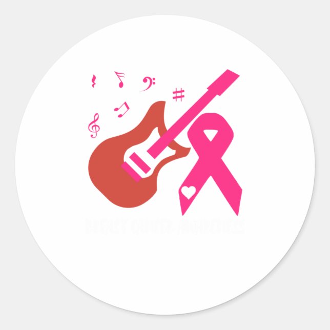Guitar With Pink Ribbon Breast Cancer Awareness Classic Round Sticker (Front)