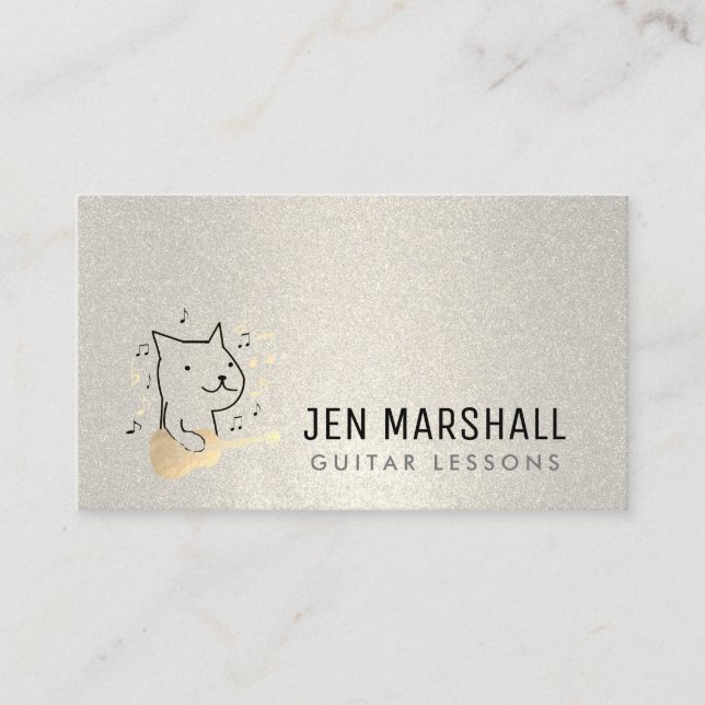 guitarist cat on faux glitter business card (Front)