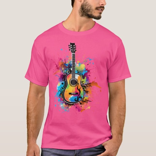 Guitarist Colorful Splash Art Acoustic Guitar Play T-Shirt (Front)