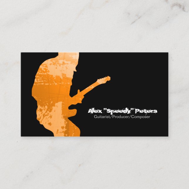 Guitarist Grunge Orange Silhouette Business Card (Front)