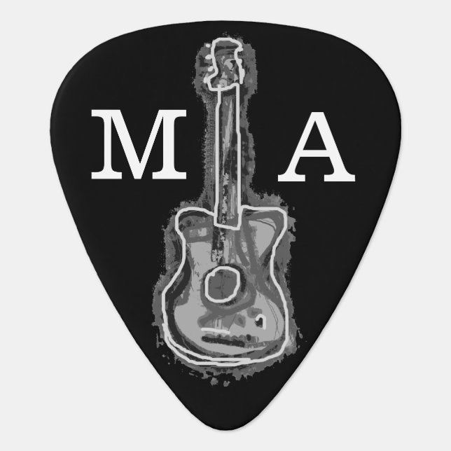 Guitarist initials & name, black & white guitar pick (Front)