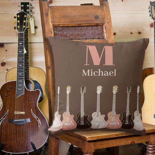 Guitarist Monogrammed Guitars Brown Throw Pillow