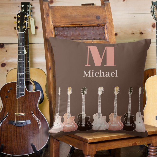 Guitarist Monogrammed Guitars Brown Throw Pillow (Guitar lovers monogram brown rustic pillow)