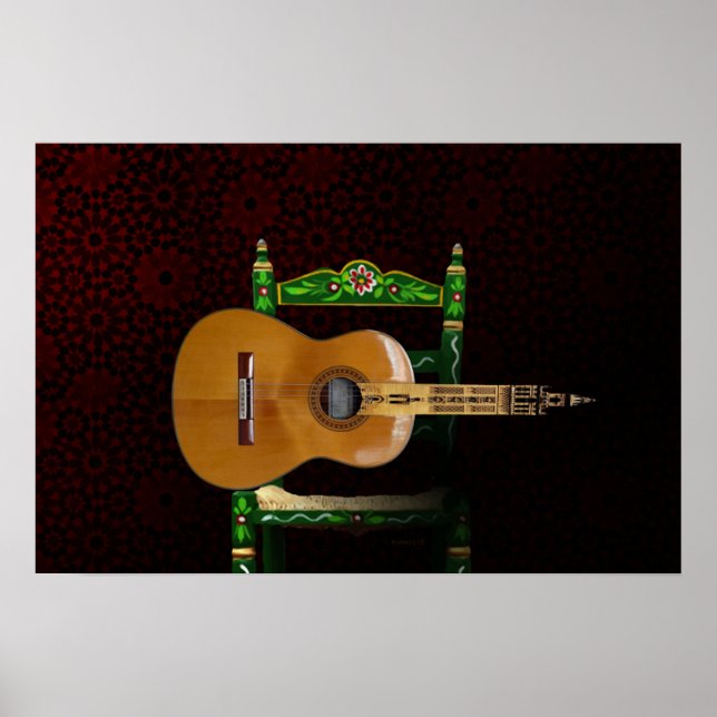 Guitarra española con Giralda de Sevilla y silla. Poster (Front)