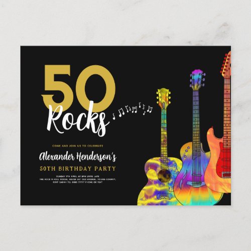 Guitars 50th birthday party 50 Rocks Invitation Postcard