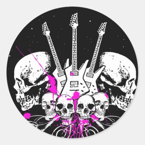 guitars and skulls classic round sticker