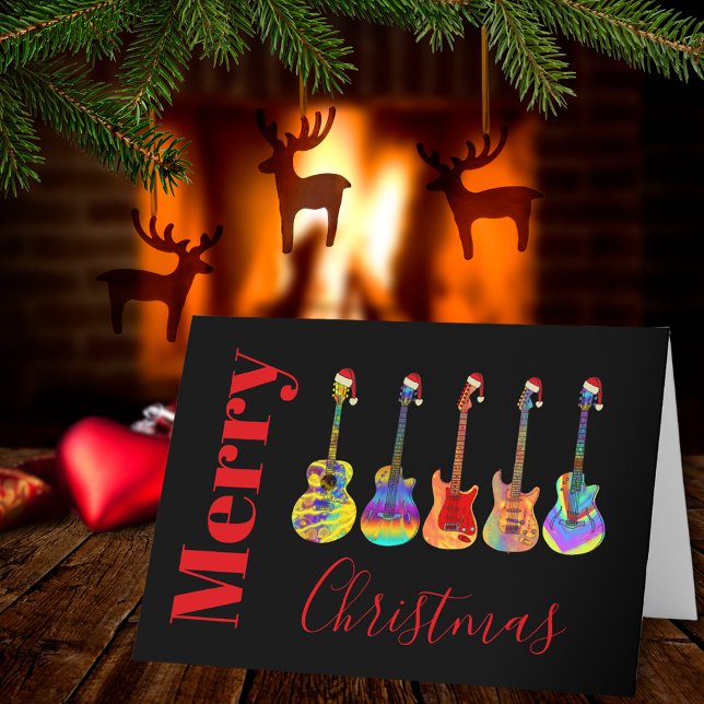 Guitars Christmas Musical Jazzy Colorful Holiday Card (Merry Christmas guitars wearing Santa hats cool music themed holiday card)