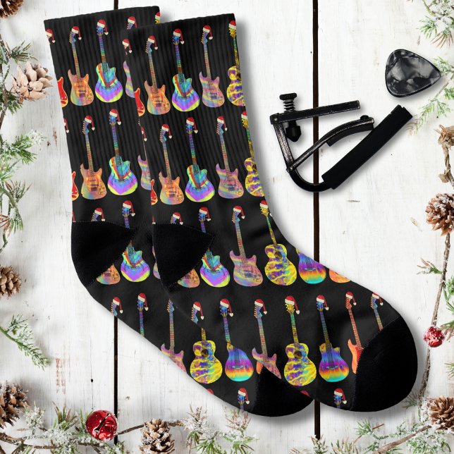 Guitars Colorful Christmas pattern Socks (Christmas guitars wearing Santa hats black music themed holiday socks for guitarist musicians)