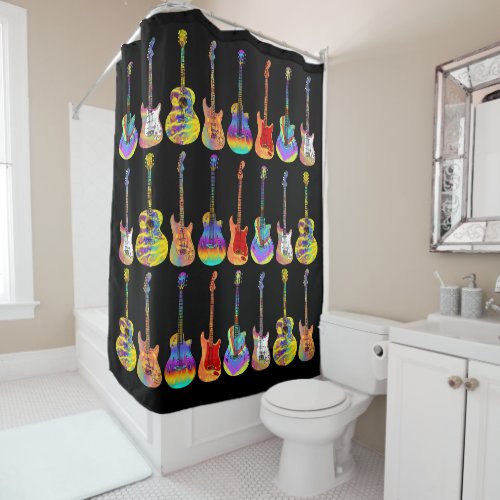Guitars Colorful Pattern on Black Shower Curtain