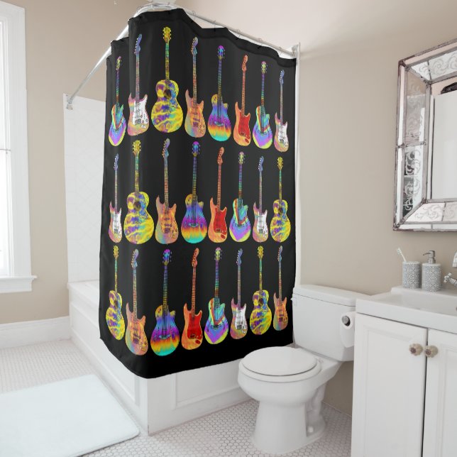 Guitars Colorful Pattern on Black Shower Curtain (In Situ)