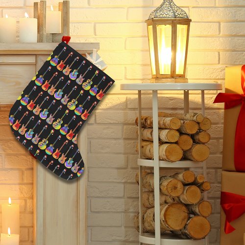 Guitars electric acoustic colorful music pattern large christmas stocking