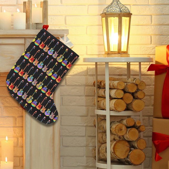 Guitars electric acoustic colorful music pattern large christmas stocking (Christmas guitar pattern colorful guitars wearing santa hats music themed Christmas stocking)