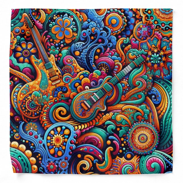 Guitars in mandala batik style bandana (Front)