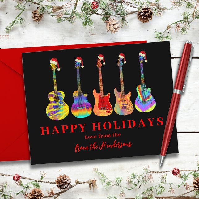 Guitars in Santa Hats Happy Holidays Holiday Postcard (Cool christmas guitars happy holidays personalized greetings card)