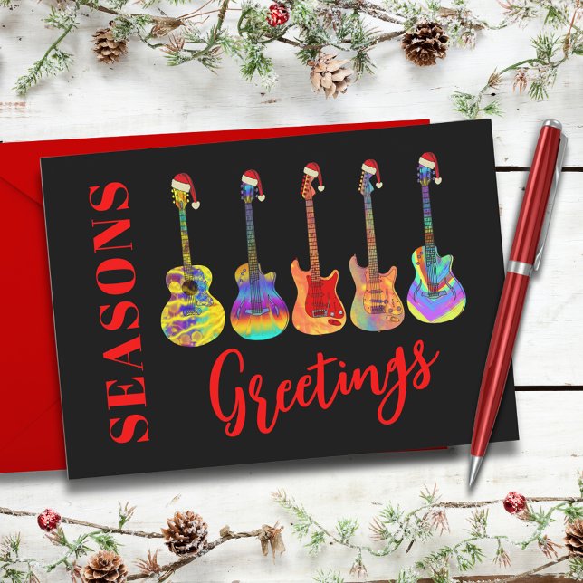 Guitars in Santa Hats Seasons Greetings Holiday Postcard (Cool colorful Christmas guitars wearing Santa hats seasons greetings postcard black and red)
