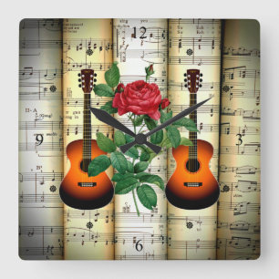 Guitars & Rose ~ Rolled Sheet Music ~ Great Gift ~ Square Wall Clock