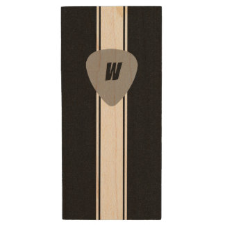 Guitra pick, stripe and monogram wood flash drive