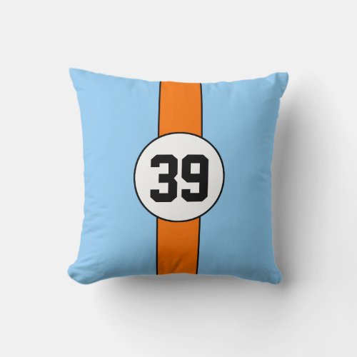 Gulf Blue  Orange Custom Racing Number Pillow