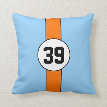 Gulf Blue & Orange Custom Racing Number Pillow by inkbrook at Zazzle