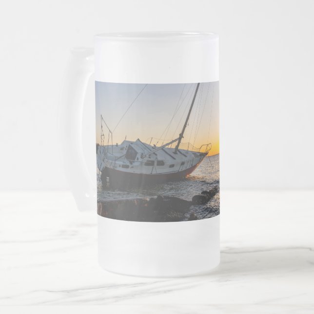 Gulf Breeze Sailboat And Jetty Sunset Frosted Mug (Front Left)