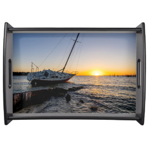 Gulf Breeze Sailboat And Jetty Sunset Serving Tray
