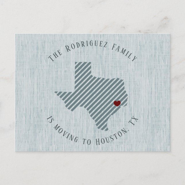 Gulf Coast Blue Linen and Heart Texas Moving Announcement Postcard (Front)