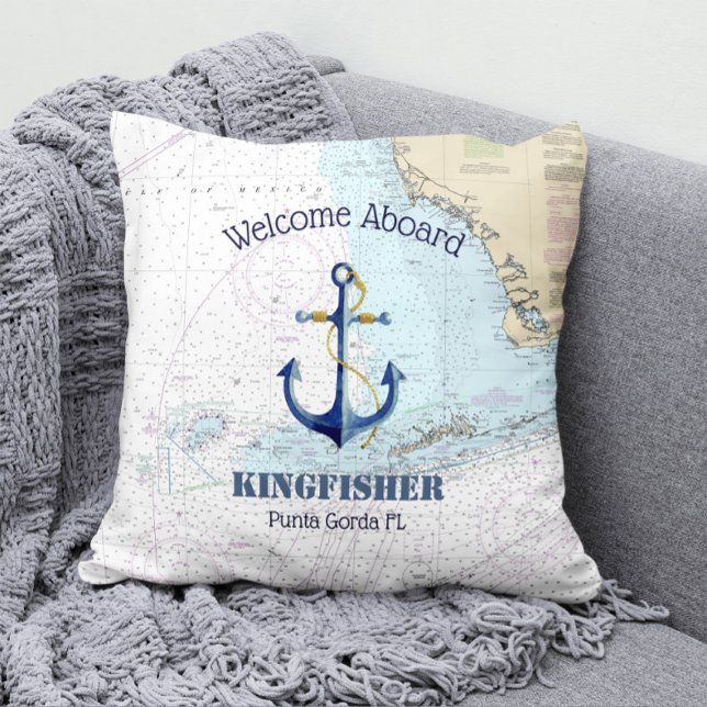 Gulf Coast FL Boat Name Anchor Welcome Aboard Outdoor Pillow (Creator Uploaded)