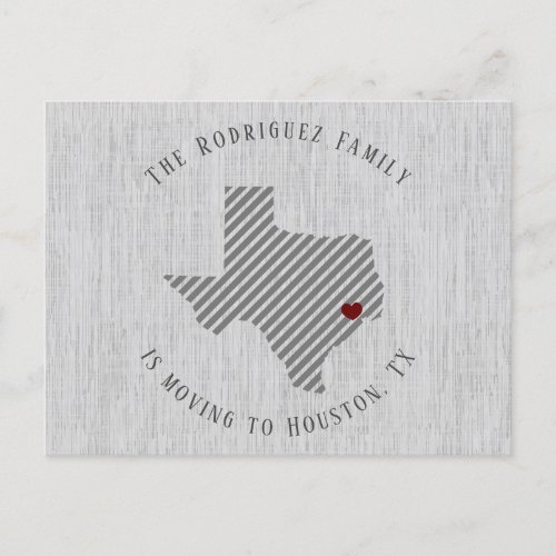 Gulf Coast Gray Linen and Heart Texas Moving Announcement Postcard