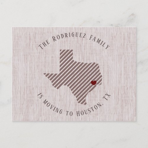 Gulf Coast Rose Linen and Heart Texas Moving Announcement Postcard