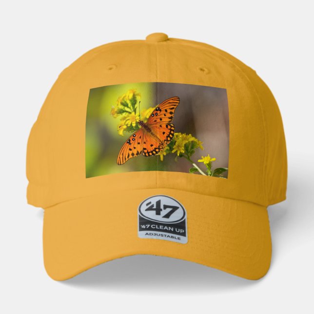 Gulf Fritillary aka Passion Butterfly on Goldenrod 47 Brand Hat (Front)