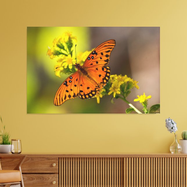 Gulf Fritillary aka Passion Butterfly on Goldenrod Canvas Print (Insitu(LivingRoom))