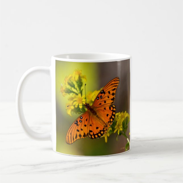 Gulf Fritillary aka Passion Butterfly on Goldenrod Coffee Mug (Left)