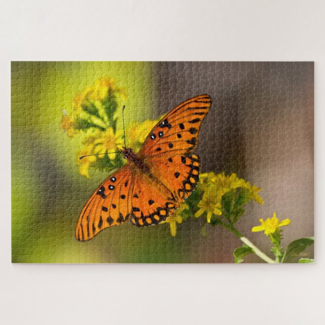 Gulf Fritillary aka Passion Butterfly on Goldenrod Jigsaw Puzzle (Horizontal)