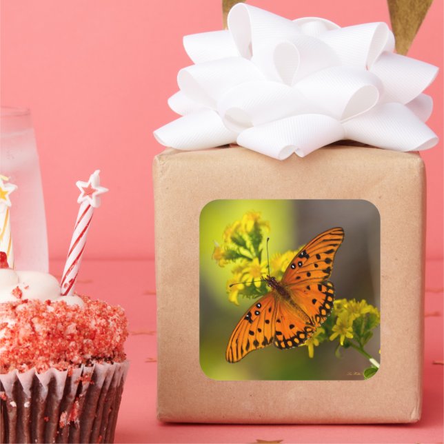 Gulf Fritillary aka Passion Butterfly on Goldenrod Square Sticker (Party)