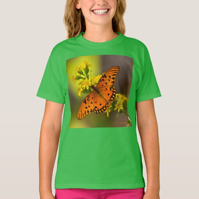 Gulf Fritillary aka Passion Butterfly on Goldenrod T-Shirt (Front)