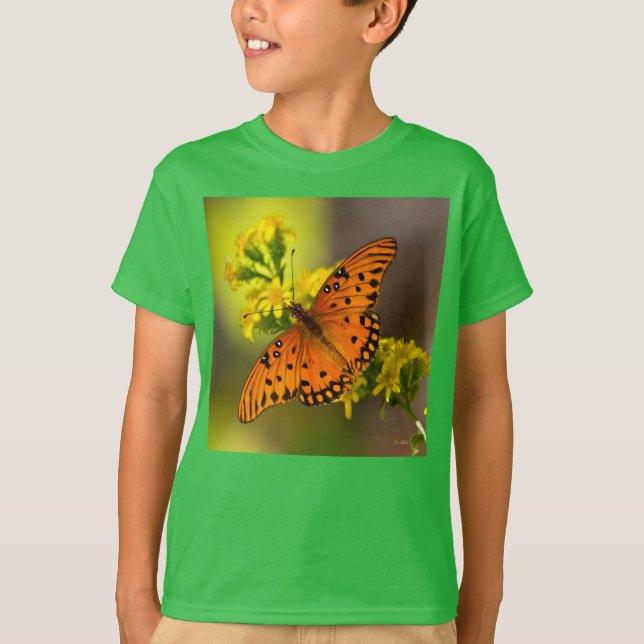 Gulf Fritillary aka Passion Butterfly on Goldenrod T-Shirt (Front)