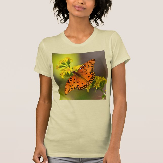 Gulf Fritillary aka Passion Butterfly on Goldenrod T-Shirt (Front)