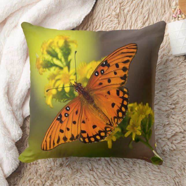 Gulf Fritillary aka Passion Butterfly on Goldenrod Throw Pillow (Blanket)