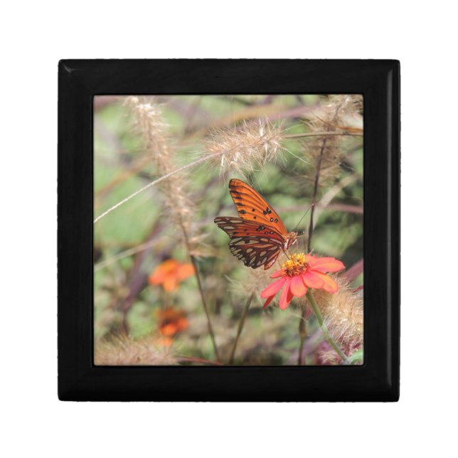 Gulf Fritillary on Zinnia Keepsake Box (Front)