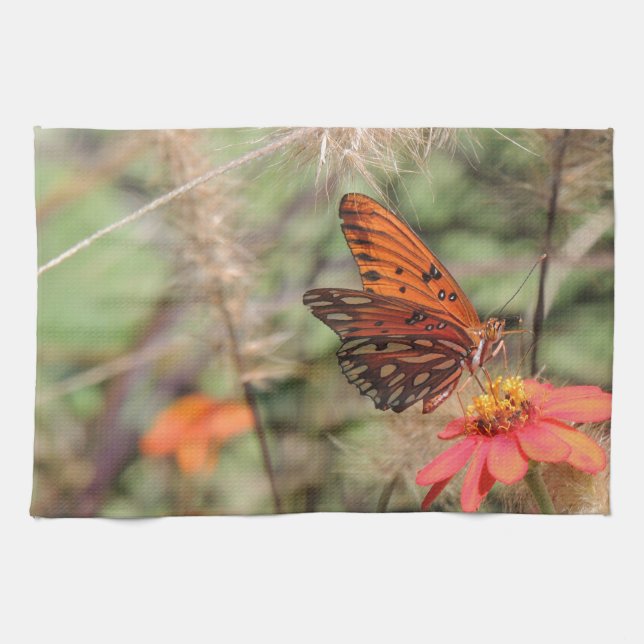 Gulf Fritillary on Zinnia Kitchen Towel (Horizontal)