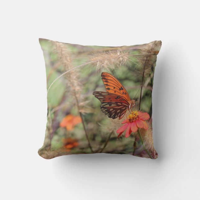 Gulf Fritillary on Zinnia Throw Pillow (Front)