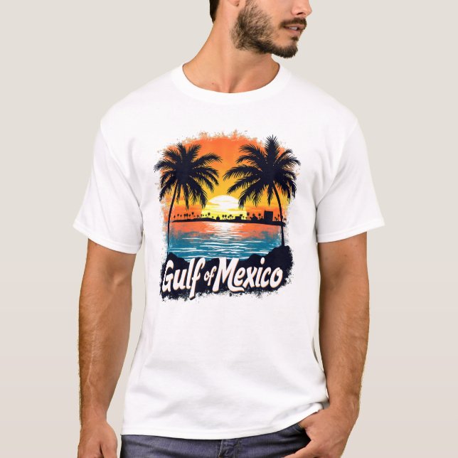 Gulf of Mexico Sunset Silhouette Palm Trees Art T-Shirt (Front)