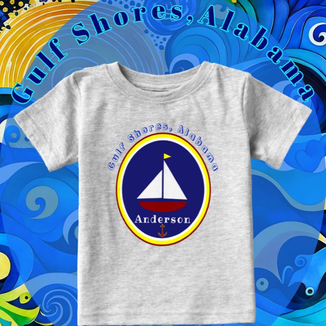 Gulf Shores, Alabama Cute Sailboat Anchor and Name Baby T-Shirt (So cute! Child's sailboat shirt, featuring a sailboat and name template.)